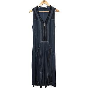 Lauren Vidal Denim Maxi Dress V-Neck Zipper Dyed Western Blue Women's Large